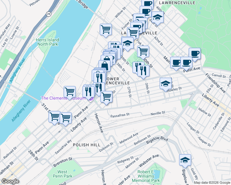 map of restaurants, bars, coffee shops, grocery stores, and more near 3600 Penn Avenue in Pittsburgh