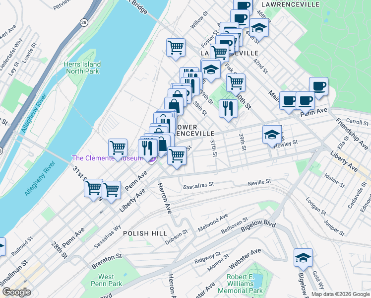 map of restaurants, bars, coffee shops, grocery stores, and more near 3502 Penn Avenue in Pittsburgh