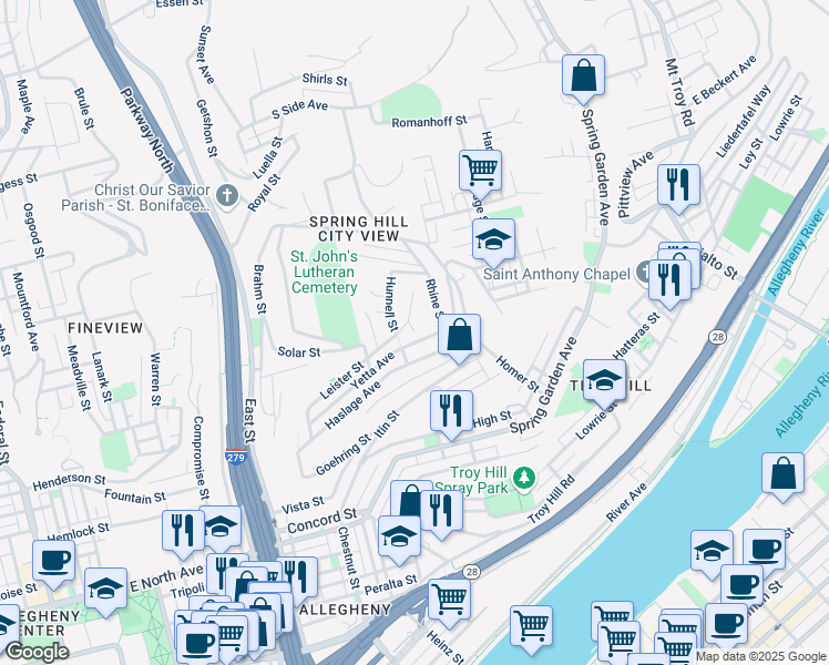 map of restaurants, bars, coffee shops, grocery stores, and more near 1701 Rhine Street in Pittsburgh