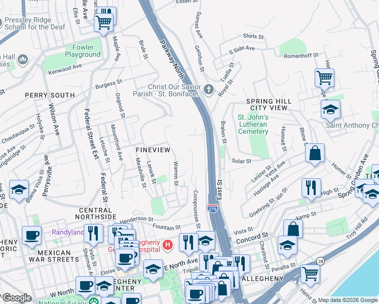 map of restaurants, bars, coffee shops, grocery stores, and more near 645 Rising Main Avenue in Pittsburgh