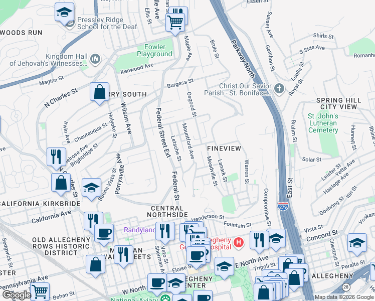 map of restaurants, bars, coffee shops, grocery stores, and more near 212 Marsonia Street in Pittsburgh
