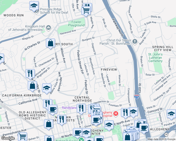 map of restaurants, bars, coffee shops, grocery stores, and more near 2016 Letsche Street in Pittsburgh