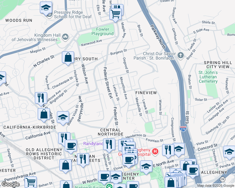 map of restaurants, bars, coffee shops, grocery stores, and more near 2016 Letsche Street in Pittsburgh