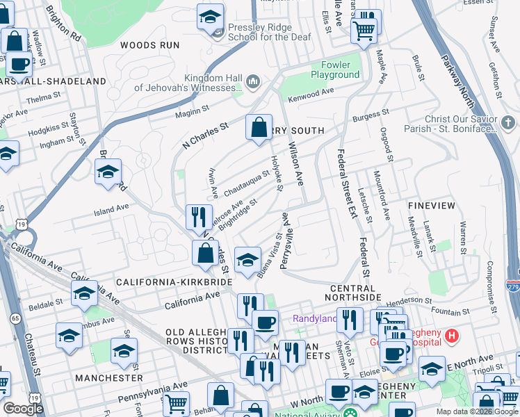 map of restaurants, bars, coffee shops, grocery stores, and more near 2127 Holyoke Street in Pittsburgh