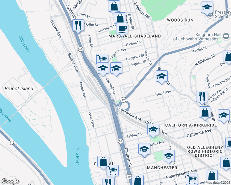 map of restaurants, bars, coffee shops, grocery stores, and more near 2356 Colorado Street in Pittsburgh