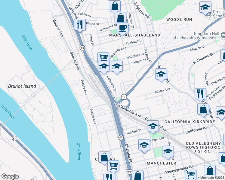 map of restaurants, bars, coffee shops, grocery stores, and more near 2356 Colorado Street in Pittsburgh