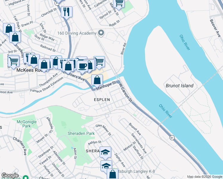 map of restaurants, bars, coffee shops, grocery stores, and more near 3405 West Carson Street in Pittsburgh