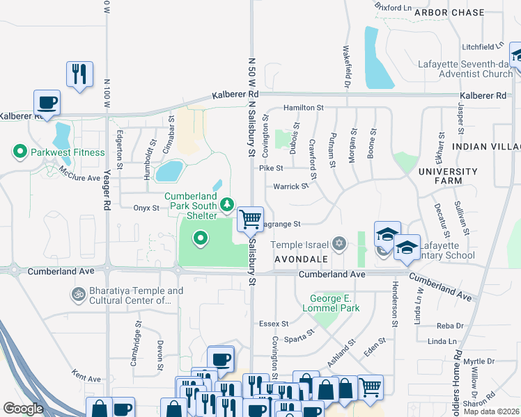 map of restaurants, bars, coffee shops, grocery stores, and more near 3132 Covington Street in West Lafayette