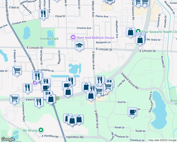 map of restaurants, bars, coffee shops, grocery stores, and more near 1017 South Mercer Avenue in Bloomington