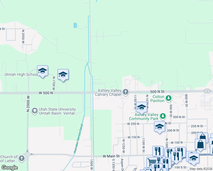 map of restaurants, bars, coffee shops, grocery stores, and more near 570 1380 West in Uintah County