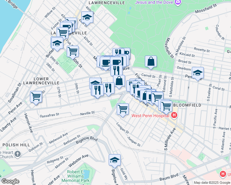 map of restaurants, bars, coffee shops, grocery stores, and more near 4072 Howley Street in Pittsburgh