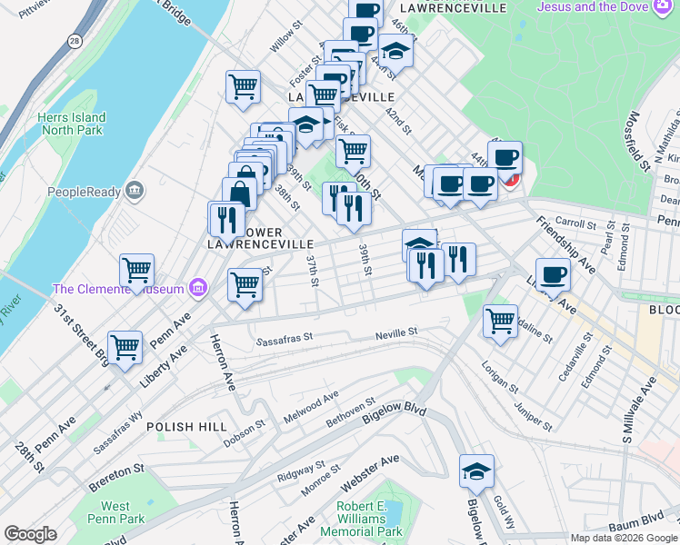 map of restaurants, bars, coffee shops, grocery stores, and more near 3819 Mintwood Street in Pittsburgh