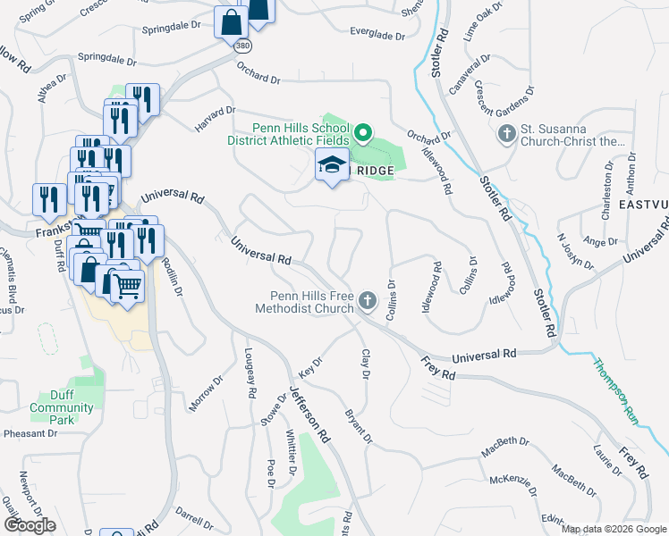 map of restaurants, bars, coffee shops, grocery stores, and more near 370 Greenway Drive in Penn Hills