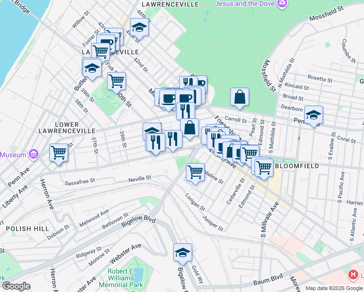 map of restaurants, bars, coffee shops, grocery stores, and more near 4072 Howley Street in Pittsburgh