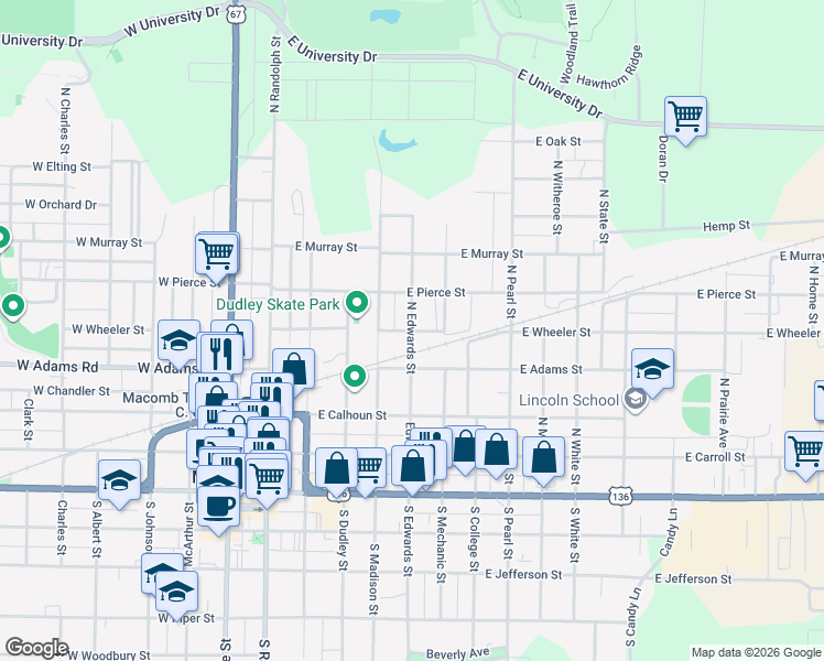 map of restaurants, bars, coffee shops, grocery stores, and more near 618 East Wheeler Street in Macomb