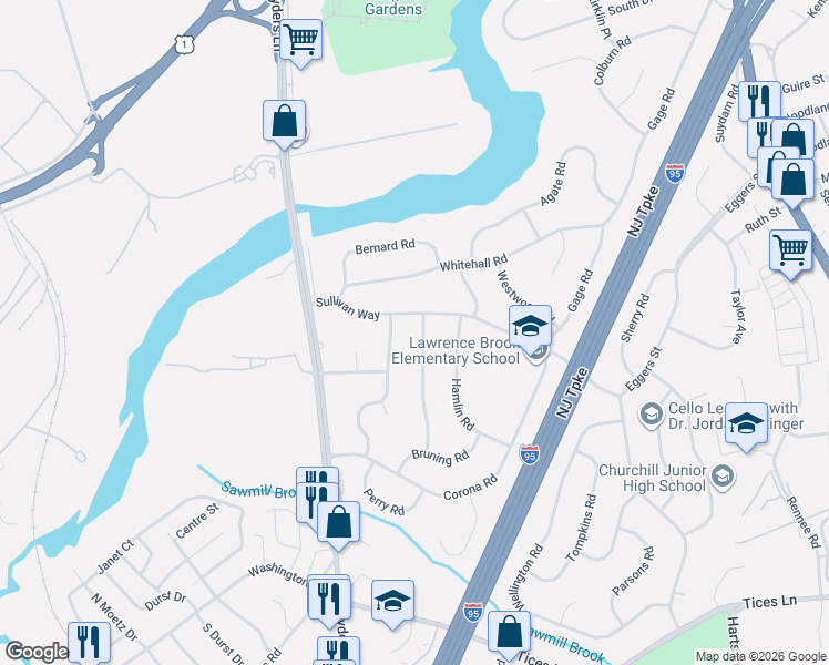 map of restaurants, bars, coffee shops, grocery stores, and more near 20 Sullivan Way in East Brunswick
