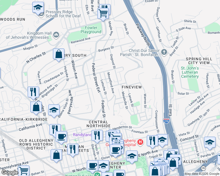 map of restaurants, bars, coffee shops, grocery stores, and more near 212 Marsonia Street in Pittsburgh