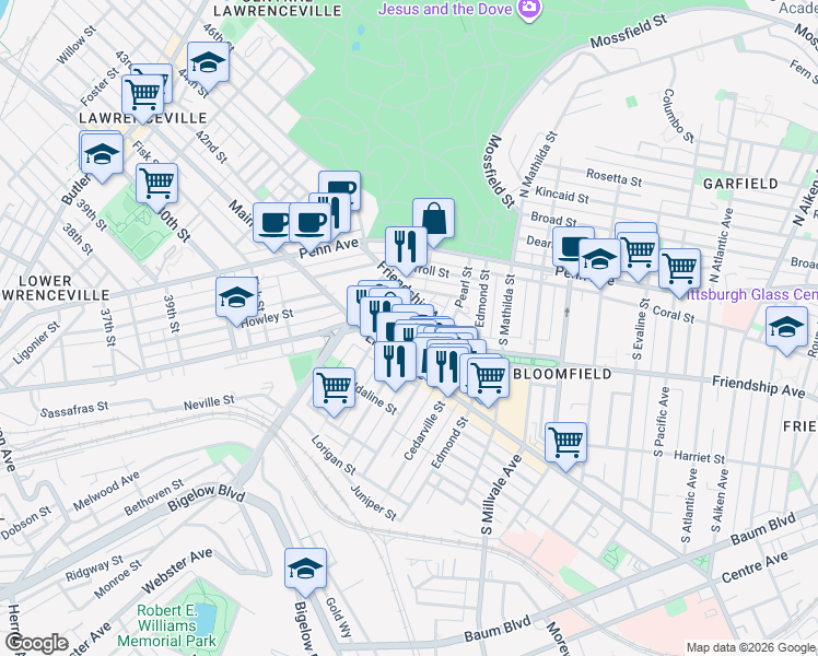 map of restaurants, bars, coffee shops, grocery stores, and more near 4618 Friendship Avenue in Pittsburgh