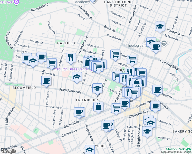 map of restaurants, bars, coffee shops, grocery stores, and more near 5511 Dunkirk Street in Pittsburgh