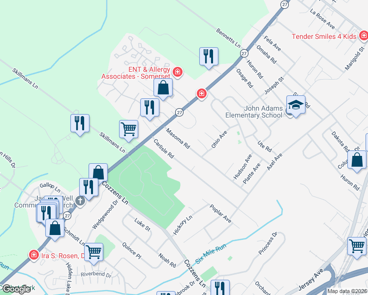 map of restaurants, bars, coffee shops, grocery stores, and more near 10 Ascot Place in North Brunswick Township