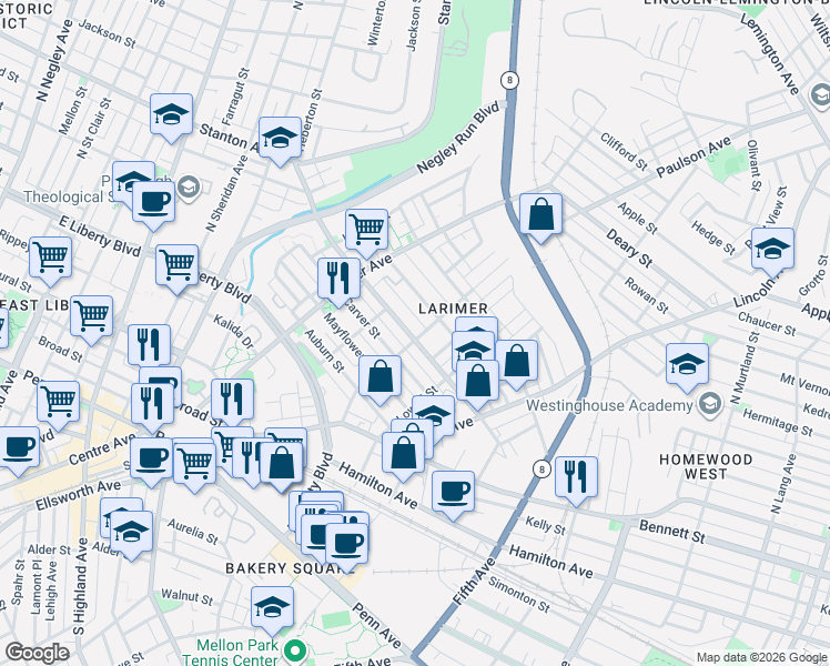 map of restaurants, bars, coffee shops, grocery stores, and more near 161 Meadow Street in Pittsburgh