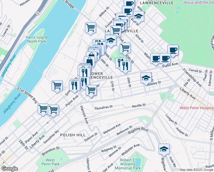 map of restaurants, bars, coffee shops, grocery stores, and more near 3600 Penn Avenue in Pittsburgh