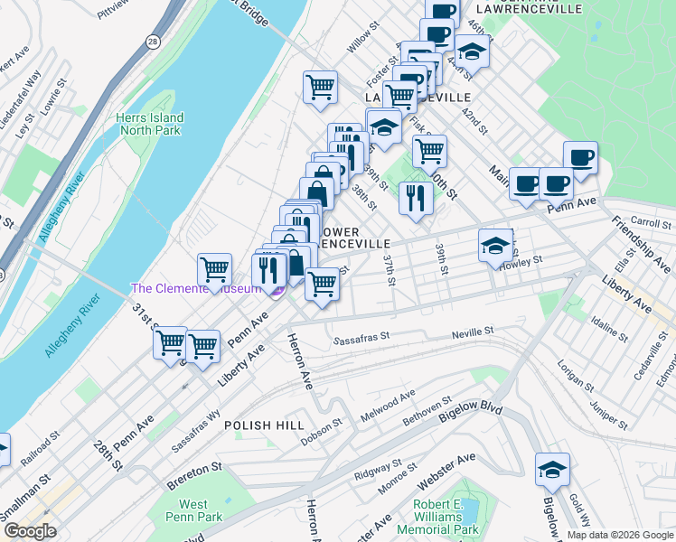 map of restaurants, bars, coffee shops, grocery stores, and more near 3502 Penn Avenue in Pittsburgh