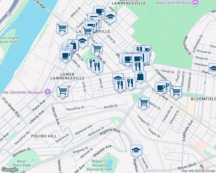 map of restaurants, bars, coffee shops, grocery stores, and more near 3918 Mintwood Street in Pittsburgh
