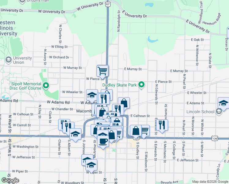 map of restaurants, bars, coffee shops, grocery stores, and more near 512 North Randolph Street in Macomb