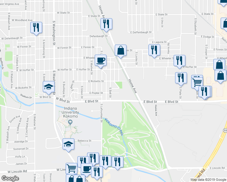 map of restaurants, bars, coffee shops, grocery stores, and more near 508 East Poplar Street in Kokomo