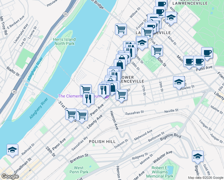 map of restaurants, bars, coffee shops, grocery stores, and more near 3459 Butler Street in Pittsburgh