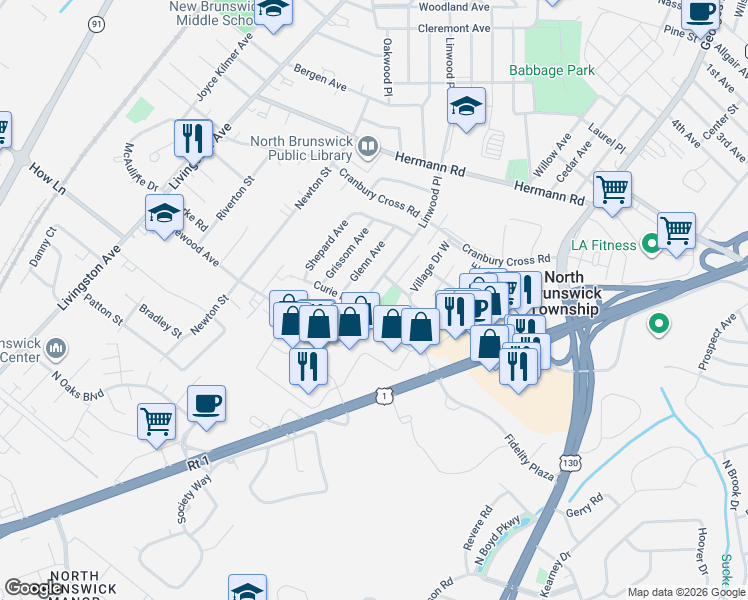 map of restaurants, bars, coffee shops, grocery stores, and more near 976 Glenn Avenue in North Brunswick Township