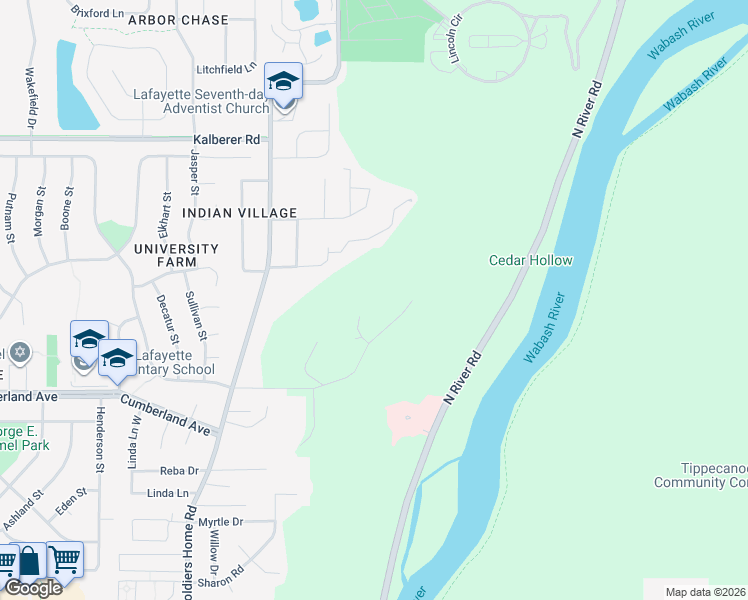 map of restaurants, bars, coffee shops, grocery stores, and more near 123 Valleyview Court in West Lafayette