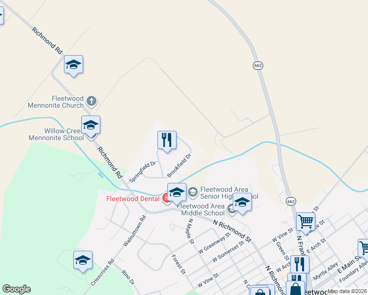 map of restaurants, bars, coffee shops, grocery stores, and more near 52 Brookfield Drive in Fleetwood