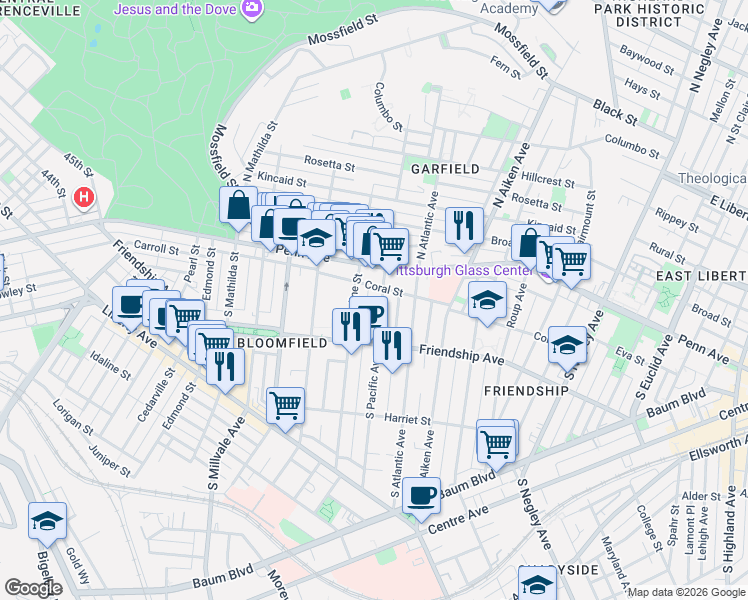 map of restaurants, bars, coffee shops, grocery stores, and more near 201 South Evaline Street in Pittsburgh