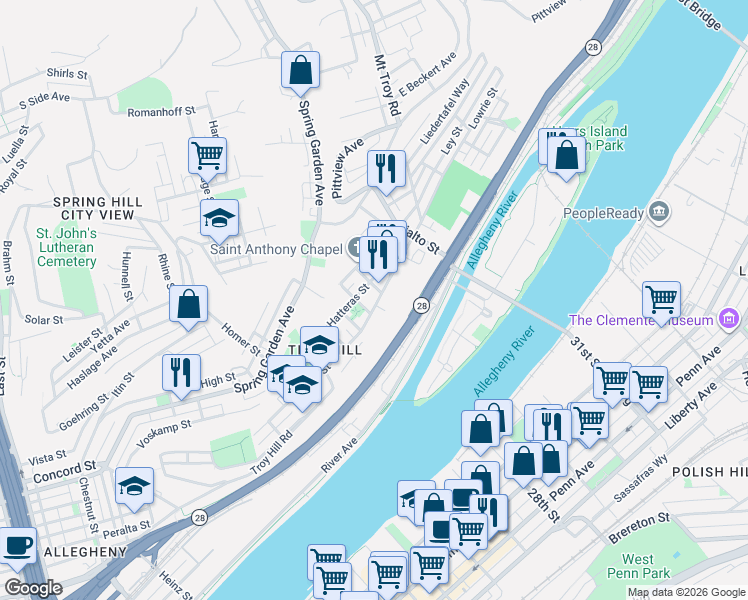 map of restaurants, bars, coffee shops, grocery stores, and more near 1635 Hatteras Street in Pittsburgh