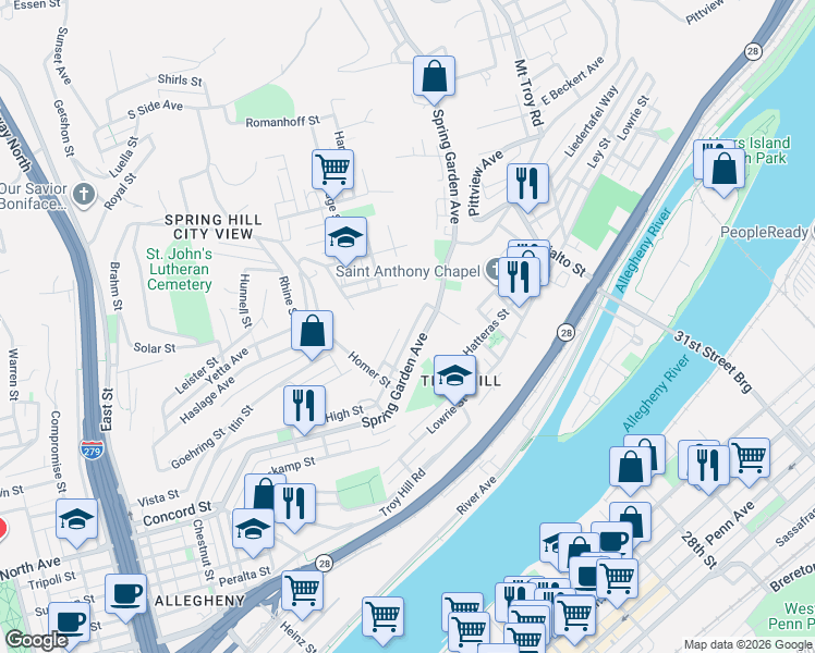map of restaurants, bars, coffee shops, grocery stores, and more near 1456 Firth Street in Pittsburgh