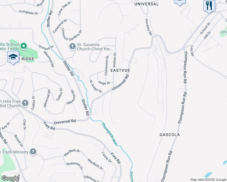 map of restaurants, bars, coffee shops, grocery stores, and more near 1337 Universal Road in Pittsburgh