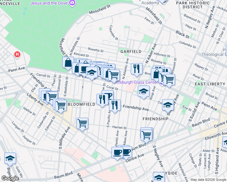 map of restaurants, bars, coffee shops, grocery stores, and more near 5200 Penn Avenue in Pittsburgh