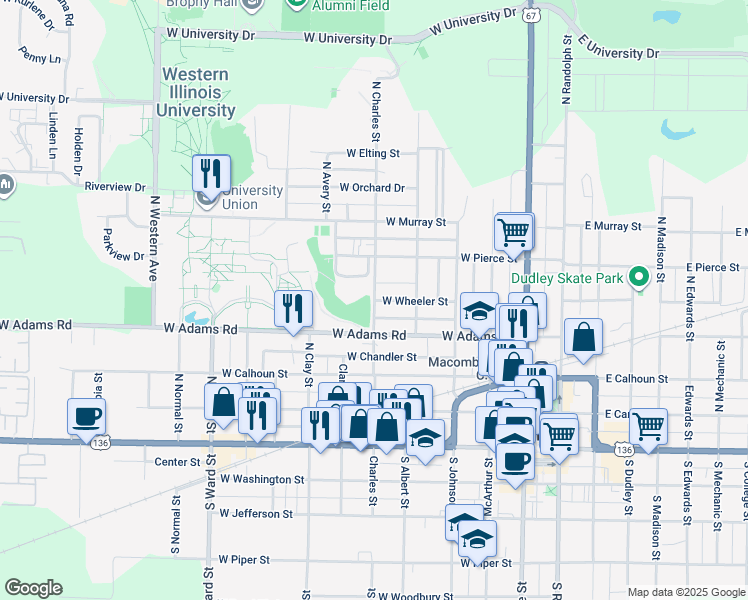 map of restaurants, bars, coffee shops, grocery stores, and more near N Charles St & W Wheeler St in Macomb