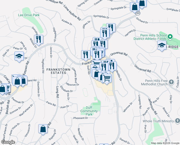 map of restaurants, bars, coffee shops, grocery stores, and more near 11607 Penn Hills Drive in Allegheny County