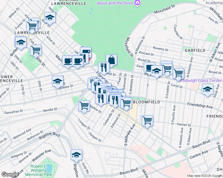 map of restaurants, bars, coffee shops, grocery stores, and more near 4618 Friendship Avenue in Pittsburgh