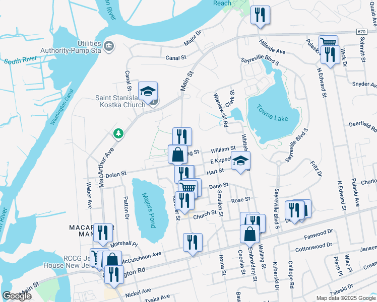 map of restaurants, bars, coffee shops, grocery stores, and more near 174 Main Street in Sayreville