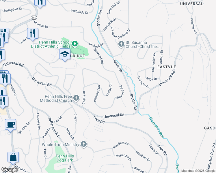 map of restaurants, bars, coffee shops, grocery stores, and more near 380 Collins Drive in Pittsburgh