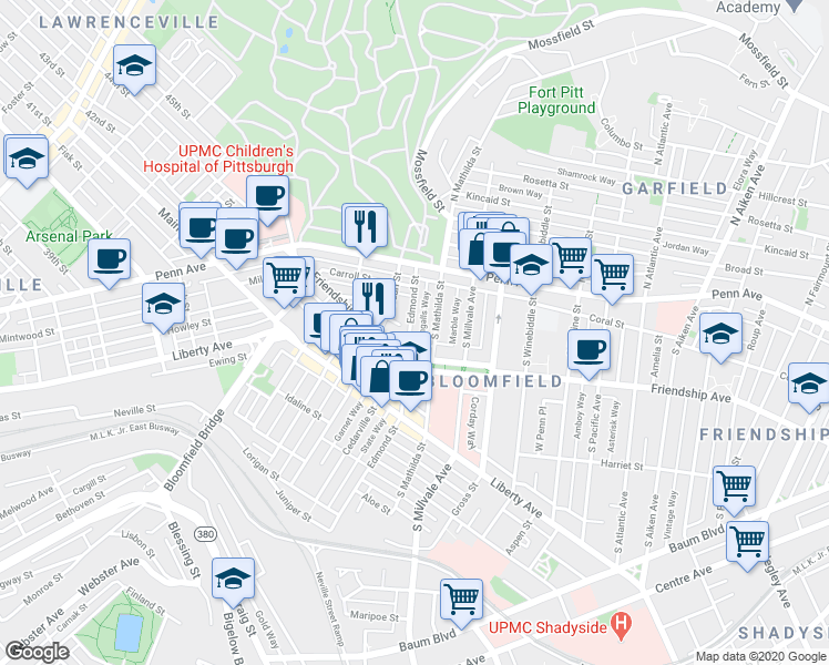 map of restaurants, bars, coffee shops, grocery stores, and more near 236 South Mathilda Street in Pittsburgh