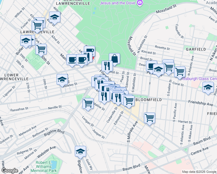 map of restaurants, bars, coffee shops, grocery stores, and more near 4618 Friendship Avenue in Pittsburgh