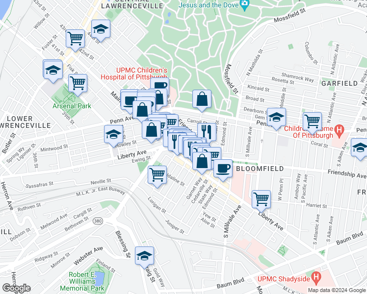 map of restaurants, bars, coffee shops, grocery stores, and more near 4668 Gangwish Street in Pittsburgh