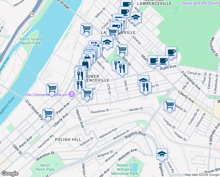 map of restaurants, bars, coffee shops, grocery stores, and more near 3716 Woolslayer Way in Pittsburgh