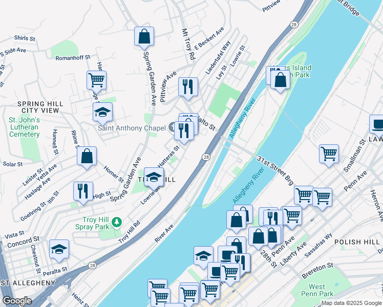 map of restaurants, bars, coffee shops, grocery stores, and more near 1717 Lowrie Street in Pittsburgh