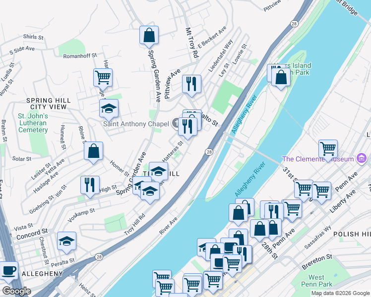 map of restaurants, bars, coffee shops, grocery stores, and more near 1635 Hatteras Street in Pittsburgh